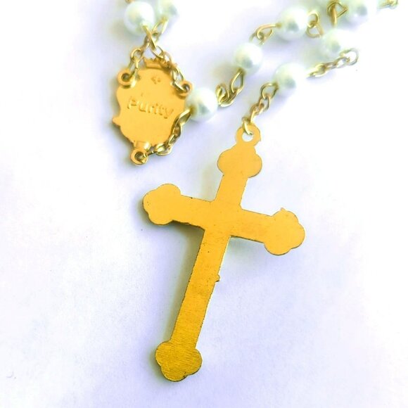 Vintage Faux Pearl Gold-Tone Rosary Necklace Sacred Heart Purity Prayer Beads - Picture 4 of 6